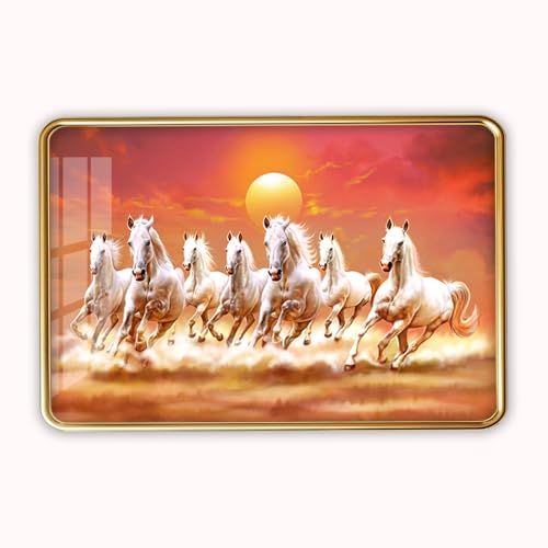 Image of Dharvika Innovations 7 Running Horses Photo Frame, Ultra High Gloss Lamination, Vastu Painting for Living Room, Office, 12x18 Inch (Design 4)
