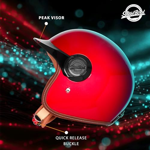 Image of Steelbird SBH 65 Retro 3.0 DOT and ISI Certified Open Face Helmet for Men and Women (Large 600 MM,Glossy Cherry Red with Black Peak)