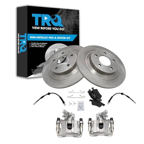 Image of TRQ Rear Brake Pad and Rotor Set Semi Metallic Rotors Calipers Hoses Compatible with 2007-2008 Mazda 5