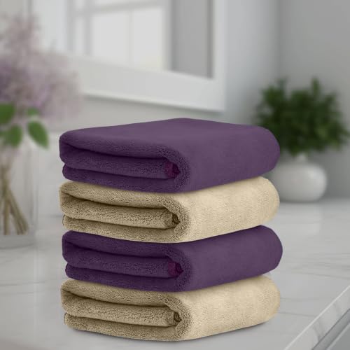 Image of HOUSSE Microfiber Face Towels | Ultra Absorbent, Odour-Free, Quick Dry 550 GSM Face Towel for Home, Gym, Travel, Running and Personal Use | 30x30 cm | Set of 4 BlackBerry Wine & Sandrift (Pack of 4)