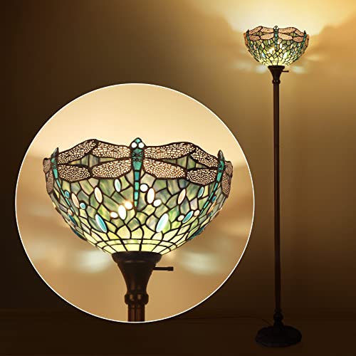 Mooview Tiffany Floor Lamp Torchiere Led Uplight Stained Glass Dragonfly Retro Floor Lamps For Living Room Retro Corner Bright Torch Lamp Included 1Pcs Led Bulb(2700K, E26), Sea Blue #TOP2
