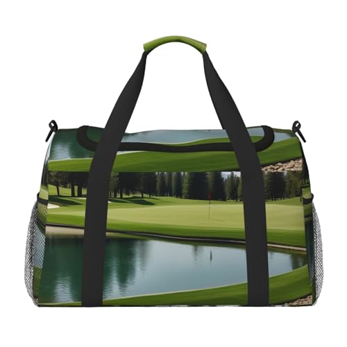 Golf Course Lawn Print Travel Duffle Bag - Foldable Personal Item Travel Bag for Women & Men,Carry-On Convertible Crossbody Tote Bags with Adjustable Shoulder Strap & Pockets 13x10.2x19.7 in