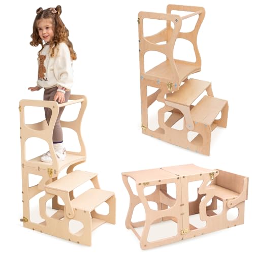WoodandHearts Taburete de Paso con Respaldo Torre Montessori Mesa para niños Silla de Aprendizaje...