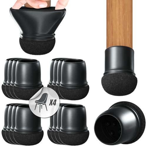 Premium 16 Stück Stuhlbeinkappen Rund, Filzgleiter, Stuhlbeinschoner, Schutzkappen mit Filz für Stuhlbeine | Möbelgleiter Set für 4 Stühle | Silikon Gleiter Stuhlbeinsocken Ø 14-19 mm, Schwarz