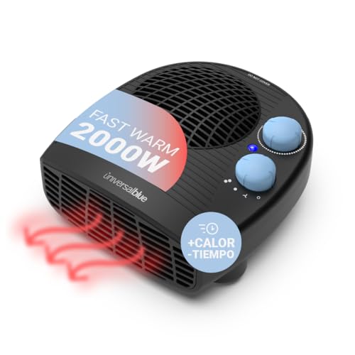 UNIVERSALBLUE Calefactor Eléctrico Pequeño Negro | Termoventilador Horizontal | 3 Modos de Funcionamiento | Bajo Consumo | Sistema de Seguridad | Termostato Ajustable