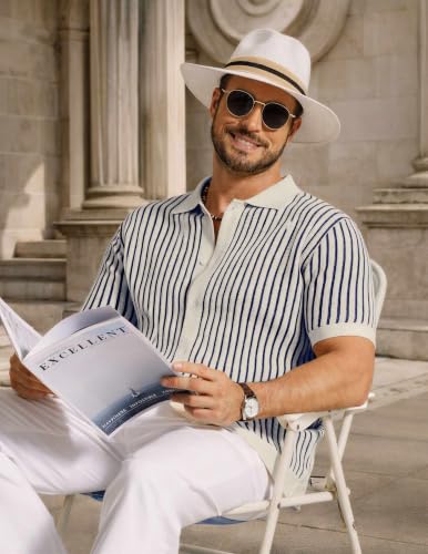 Image of COOFANDY Mens Knit Button Down Shirts Short Sleeve Polo Shirt Vintage Striped Casual Shirts