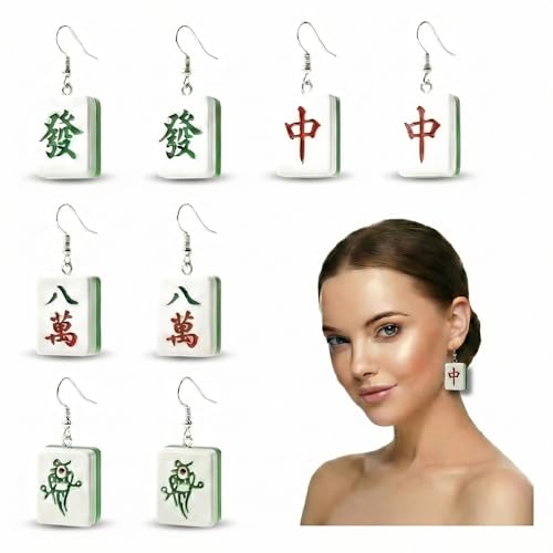 OKKRMGZ 8Pcs Mahjong Earrings for Women Handmade Chinese Mahjongg Dangle Earrings Geometric Resin Jewelry Friendship Charms Creative Statement Earrings by OKKRMGZ - Used condition - US$5.87