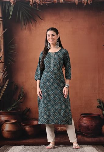 Image of Ichaa Women's Pure Cotton Embroidered Round-Neck Ethnic Kurta with 3 /4th Sleeve for Daily and Office Wear, in Plus Sizes