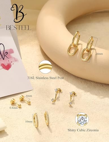 BESTEEL Small Gold Hoop Earrings for Women - Hypoallergenic Surgical Steel Flat Back Earring Sets for Multiple Piercing Cartilage Earing Stacks Silver Dangle Huggie Stud Jewelry Trendy 4 Pairs4