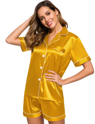 Image of SWOMOG Womens Silk Satin Pajamas Set Short Sleeve Sleepwear Button Down Top and Shorts Loungewear 2 Piece Pjs Set XS-3XL
