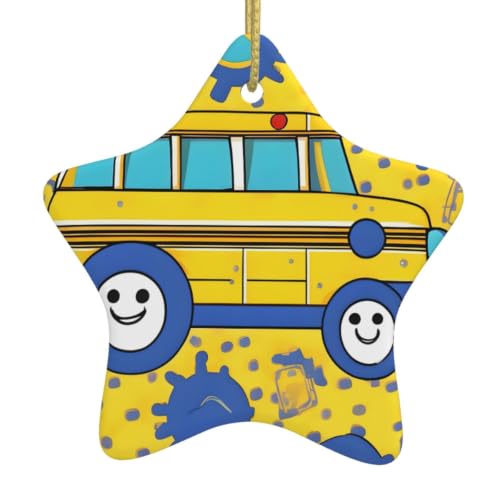 Image of School Bus Print Print Christmas Ornaments, Ceramic Hanging Ornament, Round Shape Decorations