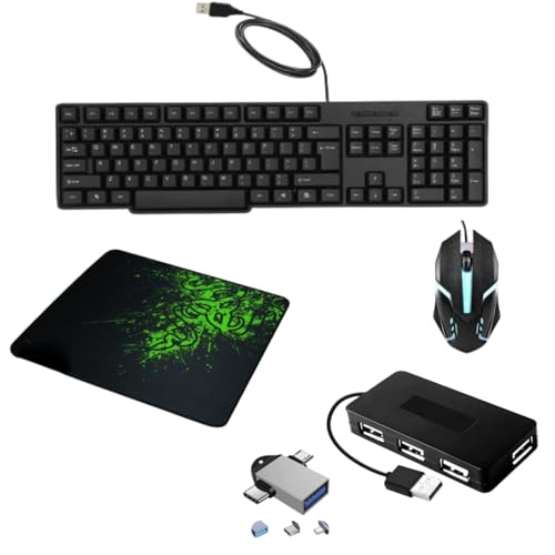 Image of Wired Combo Set - Wired Keyboard, Gaming Mouse with Non Slip Rubber Mouse Pad, 4 Port USB Hub & 2 in 1 OTG Adapter | Plug & Play USB Setup Desktop /Laptop Accessories