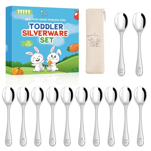Stainless Steel Toddler Spoons Set - 12 Pieces Food Grade Kids Spoons Set Safe Kids Silverware Children Small Spoon Metal Toddler Utensils Mirror Polished Sturdy and Durable Dishwasher Safe