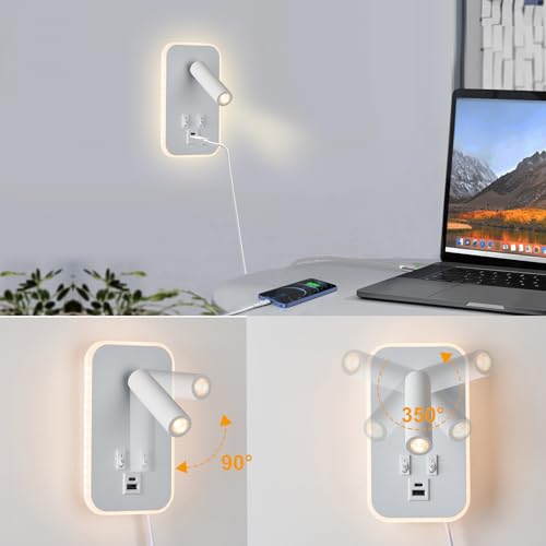 Image of Headboard Reading Light, Bedside Lamp Plug in Hardwired 2 in 1 Wall Lamp, Bedside Lamps USB C+A Ports, Adjustable Headboard Lights for Bedroom with 10W+3W Wall Mounted Reading 3000K (White)