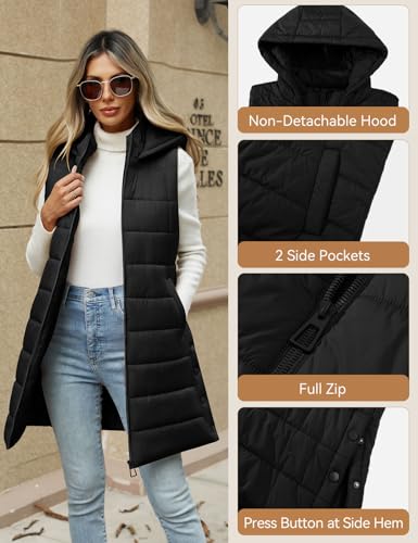 CMTOP Lange Steppweste Damen Leichte Weste mit Kapuze Warme Lässiges Übergangsweste Ärmellos Winterjacke mit Reissverschluss Taschen Lose Outdoorjacke für Wandern Camping(Schwarz, M)