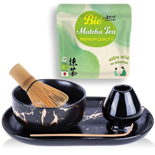 Set Matcha d'exception avec bol noir marbré or véritable et thé vert bio du Japon
