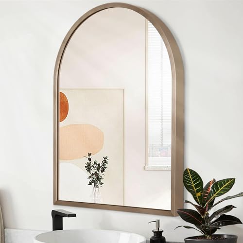Image of Large Arch Wall Mirror Bathroom Mirror Brass 26 inchx18 inch Metal Framed Mirror, Arched Wall Mounted Vanity Mirror for Bedroom, Living Room, Entryway