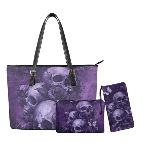 Tote Bag with Zipper Womens Leathe Handbags and Clutch Wallet Set Fashion Daypack