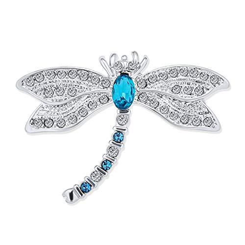 Bling Jewelry Dragonfly Brooch Pin for Women Blue CZ Simulated Sapphire Cubic Zirconia Garden Insect Motif Rhodium Plated Brass