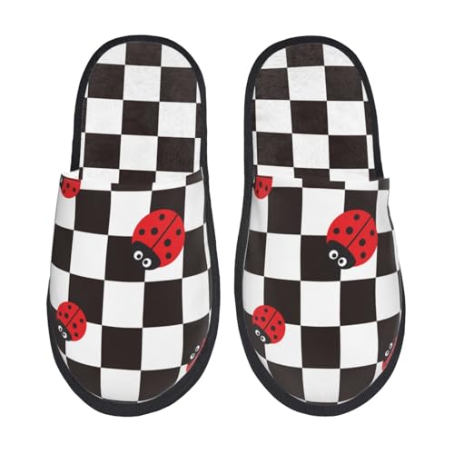 Ladybugs Of Black And White Checkers Print Women Slippers Home Furry Shoes Keep Men Couples Shoes Warm For Women-