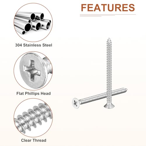 Image of DTGN 100Pcs #6x2 Flat Head Wood Screws, 304 Stainless Steel Phillips Self Tapping Screws - Good for Woodworking, Furniture - Silver