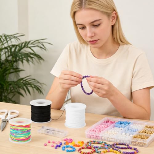 Image of HASTHIP 3 Rolls 1mm Nylon Elastic Beading String Cord, 50M Each Black White & Colorful Stretch Thread for Jewelry Making, Bracelet Necklace Crafting & DIY Bead Projects