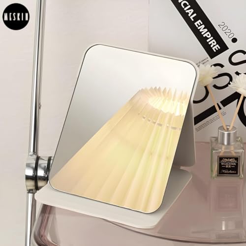 Image of MESKIN Portable Tablet Style Makeup Mirror with Foldable Stand | Compact Folding Free Hand Standing Mirror | Travel Friendly Vanity Mirror with PU Flap Cover (Pack of 1, Cream)