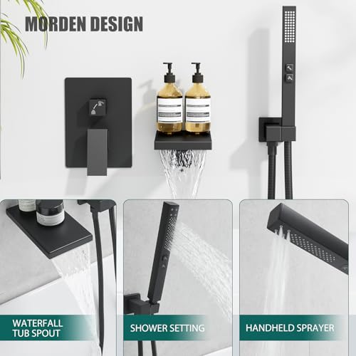 Grifería de bañera de montaje mural Hoimpro con pico de cascada, grifo de bañera con rociador manual, set con válvula empotrada, acabado negro mate miniatura 3