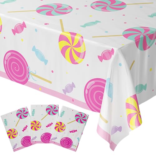 Image of Blue Orchards Candy Table Covers (Pack of 3) - 54 inchx108 inch XL - Table Cloth, Party Supplies, Decorations, Lollipop Birthday Party, Halloween Candyland Theme Disposable Plastic Tablecloth Pack
