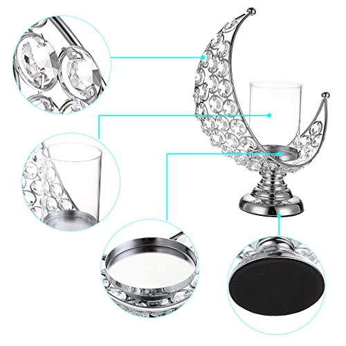 Ownmy Set Of 2 Silver Moon Shaped Crystal Pillar Candle Holders Tealight Holders With Glass Covers, Metal Crystal Moon Pillar Candle Stands Votive Candlesticks Candle Lamps For Table Centerpieces #TOP3
