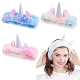 OSOPLAY 3 PCS Women Animal Ear Pink Unicorn Fuzzy Hairband Makeup Skincare Headband Washing Face for Girls & Women