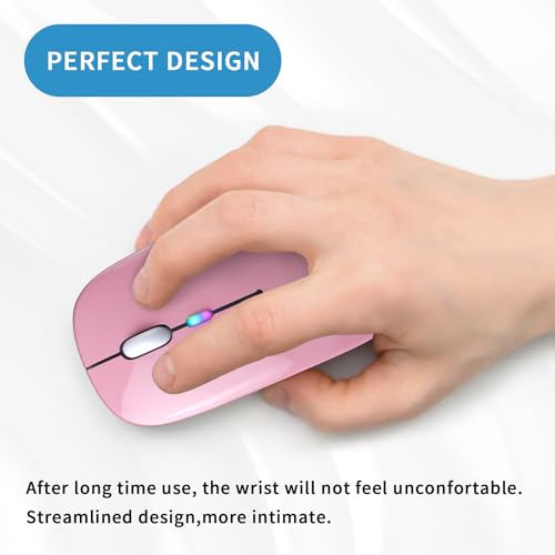 Image of Wireless Bluetooth Mouse, Rechargeable, LED, Silent, Ultra-thin Design (Bluetooth 5.2 and 2.4GHz USB Receiver) | Portable Computer Mouse for Laptops, iPads, MacBooks and Apple Devices (Rose gold)