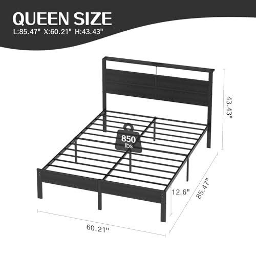 Image of Liians Queen Size Black Metal Bed Frame with USB Type-C Charging Headboard, Smart LED Lights, Noise-Free Platform Bed, No Box Spring Needed, Easy Assembly