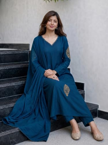 Image of ANNI Designer Kurta Set for Women Viscose Embroidered | A-Line Kurta Pant Dupatta Set for Woman | Long Sleeve V-Neck Stylish Ethnic 3 Piece Outfit Trendy Women Clothing