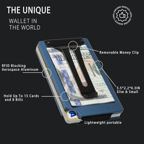Image of Minimalist Wallet for Men, Slim Metal RFID Blocking Wallet Credit Card Holder Money Clip & Cash Strap, Scratch-Resistant Holds 15 Cards,Ideal Gift for Men | Matt Blue