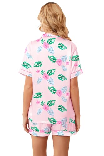 Image of Umeyda Women & Girls Pajamas Set, Soft Satin Lightweight Silk Button-Down Top with Shorts 2 Piece PJS for Mom Boys Kids Gifts