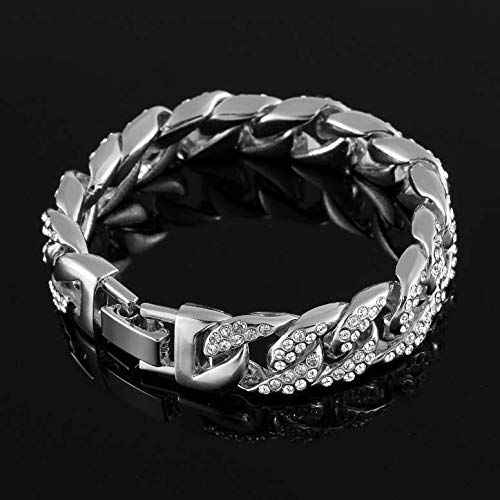 Aijian Mens Womens Cuban Link Bracelet Hip Hop Bracelet Stainless Steel Chain Bracelet Iced Out Curb Cuban 18K Gold Plated Bracelet With Clear Rhinestones (Silver) #TOP5
