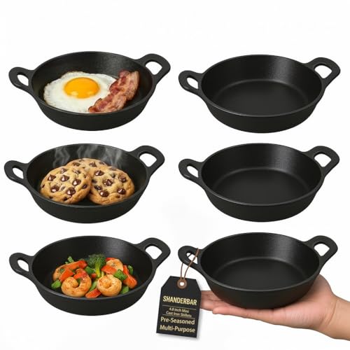 Mini Cast Iron Skillets Set of 6, 4.8 x 4.8 x 1.3 Inch Small Cast Iron Pan with Handle, Mini Ramekins Round Black Casserole Dish Cookware Small Skillets for Serving Food Frying Baking Cooking Roasting
