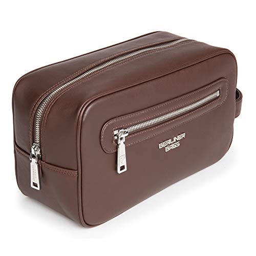 BERLINER BAGS Premium Leather Toiletry Bag Max, Cosmetics Case for Men and Women for Travel - Dark Brown