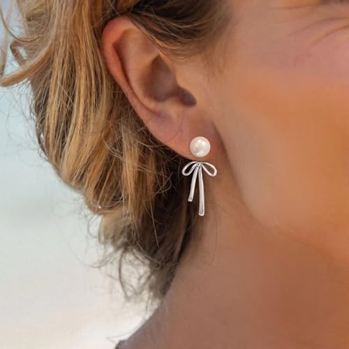 Small Gold Silver Pearl Bow Earrings for Women Trendy 925 Sterling Silver Post Dainty 14k Gold Plated Bow Dangle Earrings for Women2