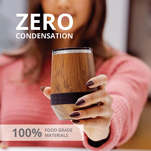 Elemental Wine Tumbler, 10Oz Stainless Steel Wine Glasses, Vacuum Insulated Stemless Cup, Coffee Tumbler, Shatter-Proof Sip Lid, Teak Wood #TOP5