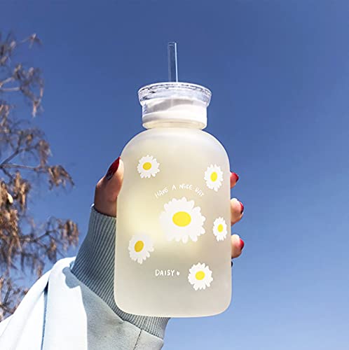 480Ml Milk Juice Cute Water Bottle With Scale 2 Lids Little Daisy Matte Portable Transparent Water Cup Glass Bottles Creative Handy Cup (1Pcs Six Flowers) #TOP1
