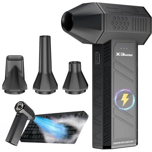 Compressed Air Duster, 180000RPM Electric Air Duster, Rechargeable Cordless Air Blower with 3-Gear Turbo Fan, Canned Air Alternative for Keyboard, PC, Computer, Car, Home & Outdoor Use (Pure Black)