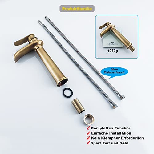YAGJIA Wasserhahn Bad Hoch Antik, Waschtischarmatur Wasserfall Retro, Waschbecken Armaturen Messing, Badarmatur Einhebel Mischbatterie Hoher Auslauf für Badezimmer