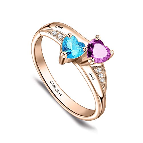 ORFAN Promise Rings for Her Custom Couples Name Ring for Women Mother Rings with 2 Simulated Birthstones (Rose Gold)