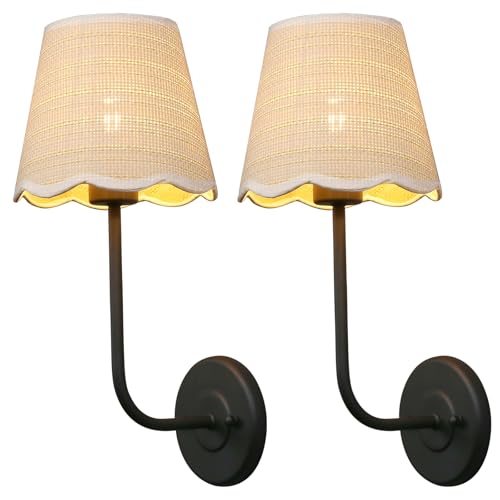 Image of Phansthy Industrial Hardwired Wall Sconce Vintage Farmhouse Wall Light, Boho Brass Finished Wall Lamps with Natural Rattan Woven Lampshade for Bedroom, Living Room (Black, One-Light 2 Pack)
