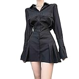 MOMEITU Gothic Long Sleeved Dress with Pleated Waistband Shirt Dress, Fashionable and Slim Fitting Dress (Black,XL(132-154ib))