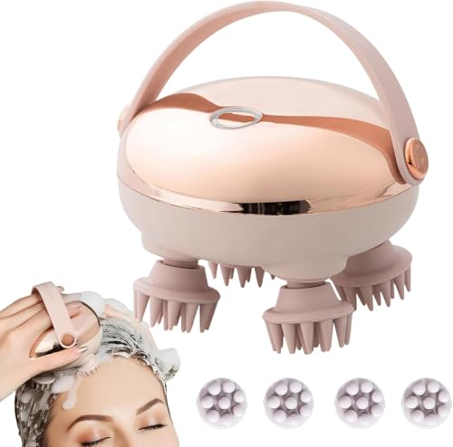 SKY-TOUCH Handheld Head Massager Full Body Portable Massager 2 Massage Modes with 4 Silicone Massage Heads 360 Rotating Kneading Wet & Dry Use