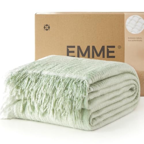 Image of EMME Muslin Throw Blanket with Tassels, 100% Cotton Gauze, Green, 50 inchx60 inch | Soft Breathable Gauze Throw, Lightweight, Cozy for Adults Couch Sofa Bed, Gifts for Women Mom, Boho Home Decor, All Season
