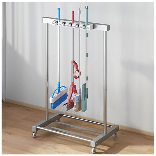 Movable Broom Mop Holder Tools Rolling Cart, Heavy-Duty Stainless Steel Broom Hanger, Commercial Cleaning Supplies Organizer with Hooks, Broom Hanger Tool Tower Rack
